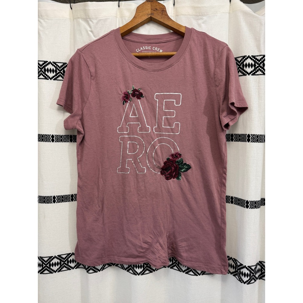 Aeropostale Women's AERO Floral Logo Tee Shirt‎ XL Mauve Rose Graphic Tied Hem